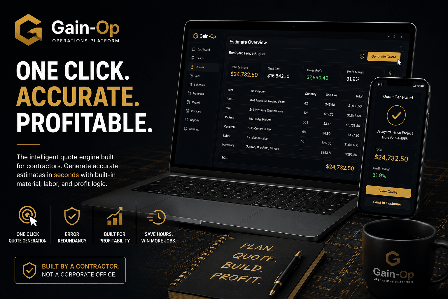 One Click. Accurate. Profitable. The intelligent quote engine built for contractors.